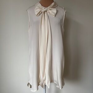 Mona Thalheimer Ivory Side Pockets Bow Neck Elegant Sleeveless Tunic Blouse Sz S